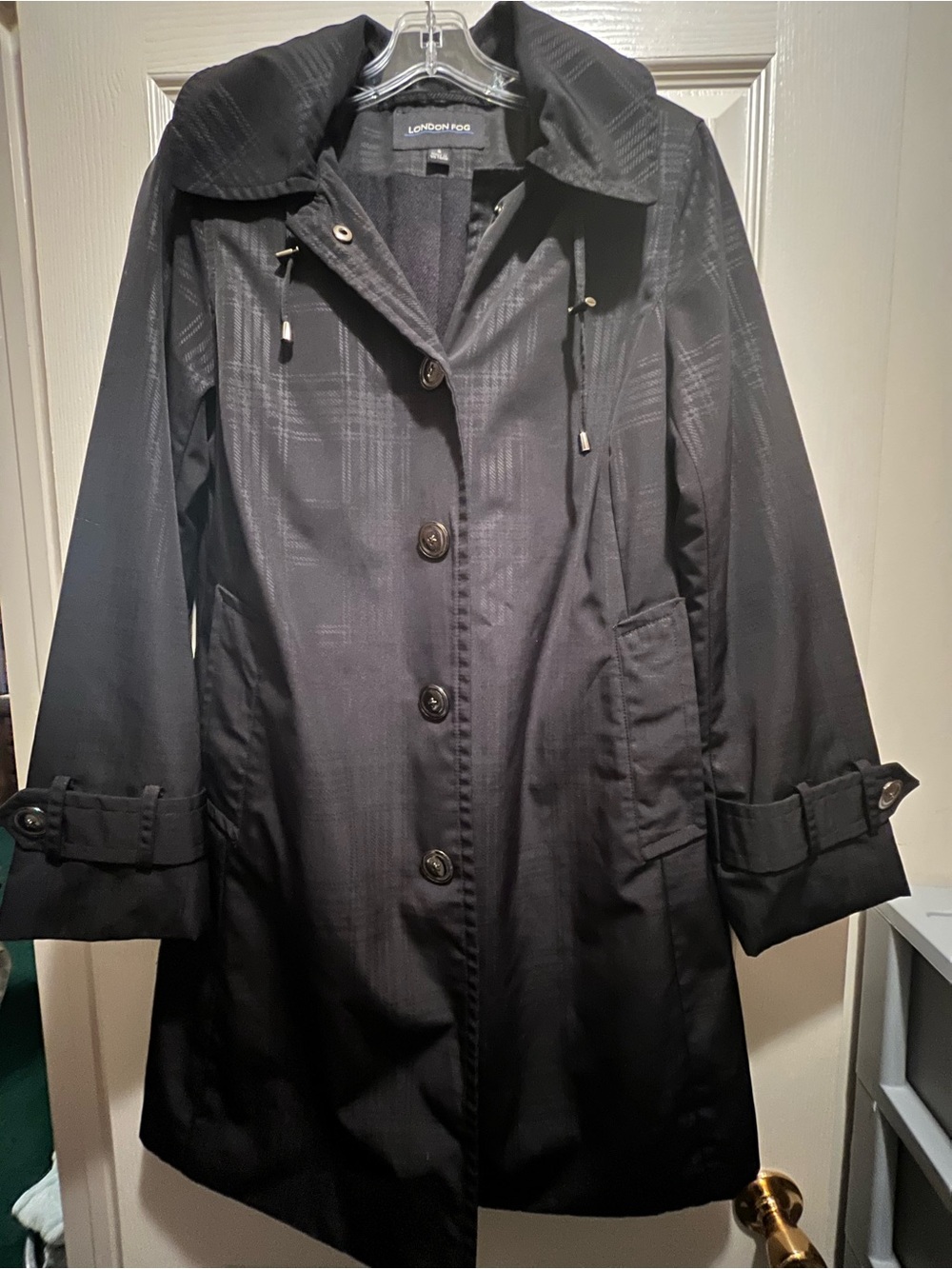 London Fog Black Women's Trench Coat with Subtle Plaid Texture